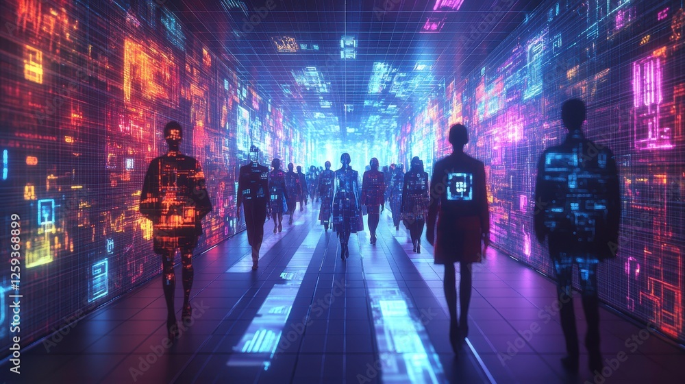 Poster a futuristic scene with figures walking through a vibrant, digitally illuminated corridor filled wit