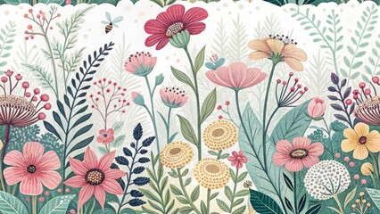 Whimsical Floral Garden Background, Hand Drawn Flower Landscape, Fantasy Garden Illustration, Botanical Art Print, Spring Summer Nature Wallpaper