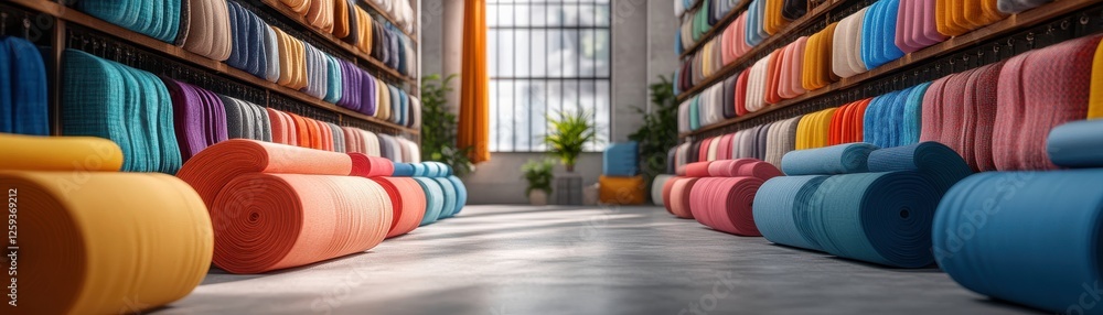 Aufkleber a vibrant fabric store showcasing neatly rolled colorful textiles arranged on shelves, creating a wa