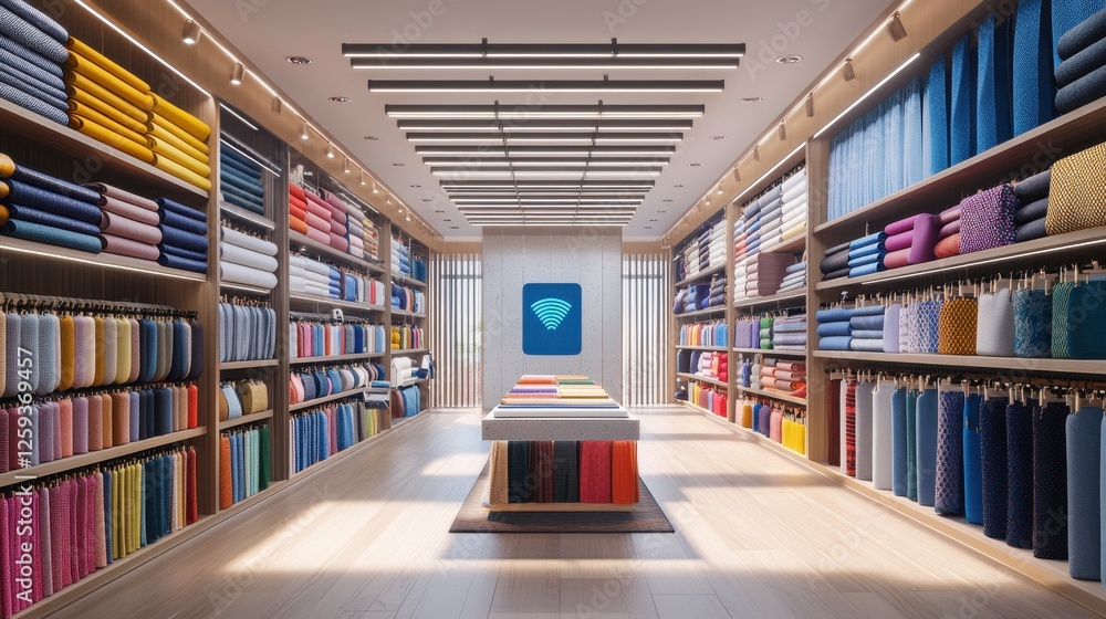 Poster a vibrant fabric store featuring neatly organized shelves filled with colorful textiles, creating a 