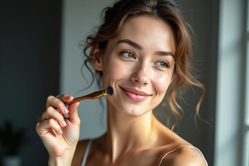 Obraz premium A Close up of a Woman Holding a Brush in Front of Her Face - Generative AI