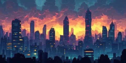 Fototapeta premium Vivid cityscape featuring towering buildings against a colorful twilight sky