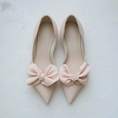 Pink bow bridal shoes, wedding preparation, white background, bridal shop