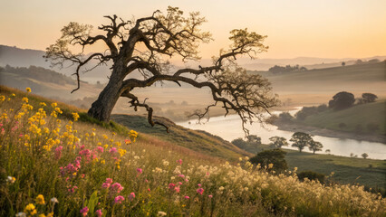 serene landscape featuring lone tree by river, surrounded by wildflowers