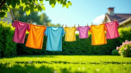 Brightly colored shirts drying on a clothesline in a sun-drenched garden