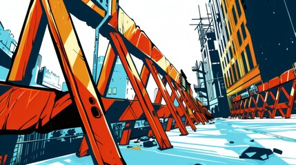 Urban Construction Scene with Bright Colors and Abstract Style