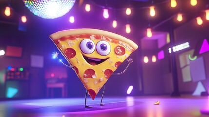 Happy pizza slice dances at party; disco ball, lights.  Food advertisement