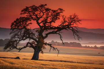 Obraz premium Majestic tree silhouette against vibrant sunset sky over fields