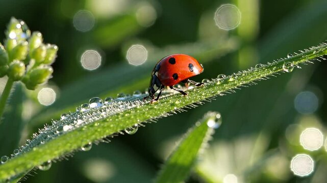 Close-up of a ladybug on a dewy leaf, captured at a low angle. The macro style highlights nature's details, resembling a nature documentary video.