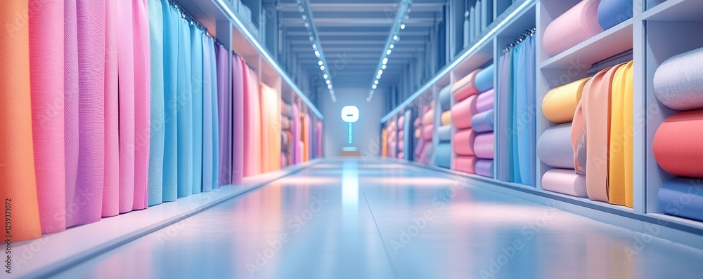Aufkleber a vibrant aisle filled with neatly stacked fabric rolls in pastel colors, creating a visually appeal