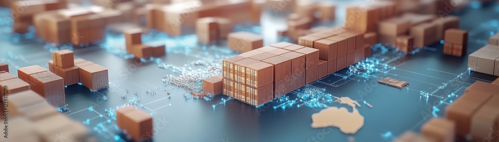 Poster a digital representation showcasing shipping containers on a map, symbolizing global trade and logis