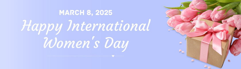 8 March, international women's day, pink tulips and gift box on a blue background, with text