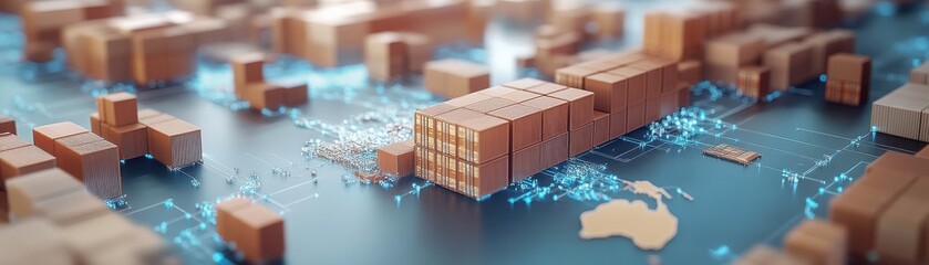 Obraz premium A digital representation showcasing shipping containers on a map, symbolizing global trade and logistics.