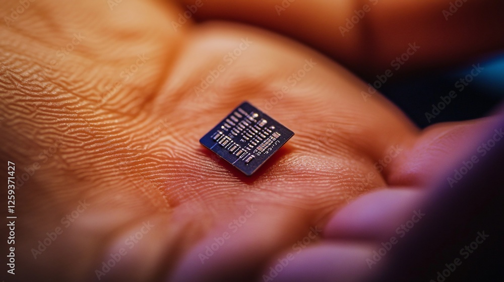 Poster Engineer holding tiny microchip in open hand