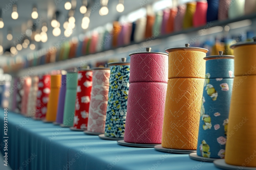 Poster a vibrant display of colorful spools of thread lined up on a table, illuminated by soft lights, show