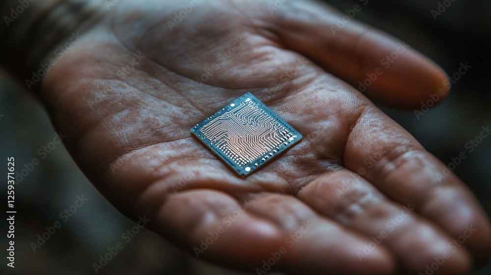 Poster Engineer holding microchip in open hand