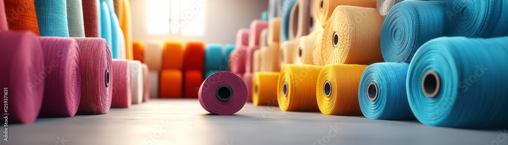 Poster a vibrant display of colorful spools of thread arranged neatly, capturing an inviting atmosphere of 