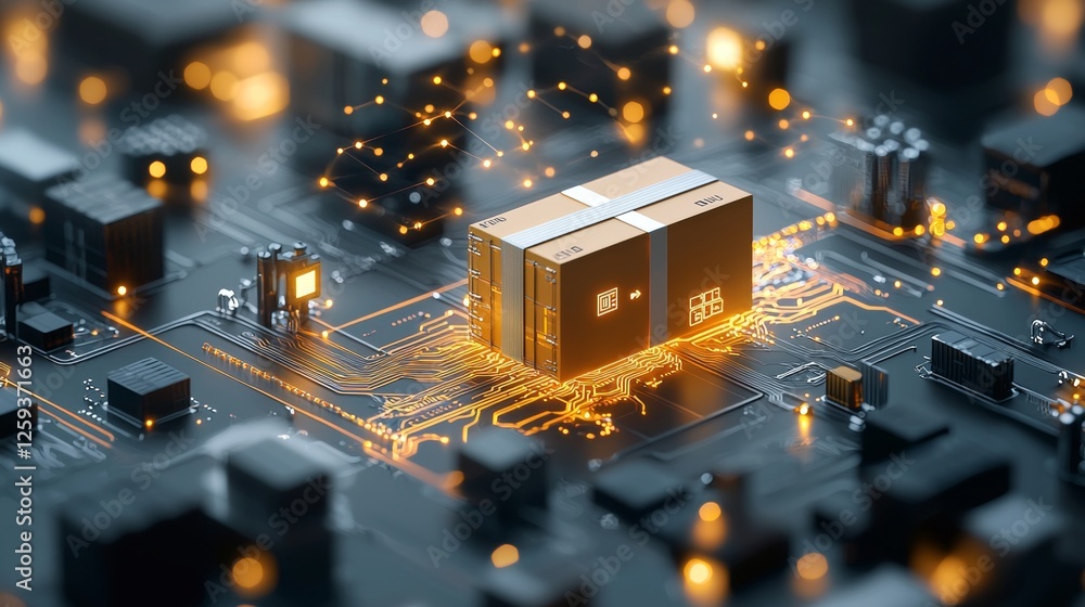 Aufkleber innovative technology action futuristic package delivery system on circuit board digital environment