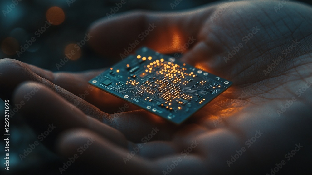 Poster Engineer holding glowing computer circuit board in open hand
