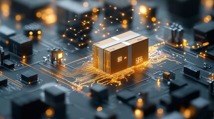 Innovative technology action futuristic package delivery system on circuit board digital environment macro viewpoint concept of smart logistics