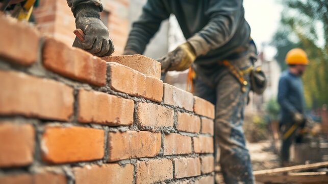 Construction site. Workers building a brick wall. Highlighting masonry skills and construction techniques. Ideal for construction training materials.
