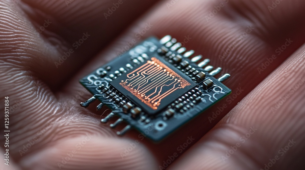 Poster engineer holding modern microchip in open hand