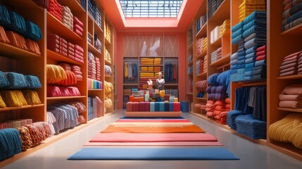 A vibrant textile shop showcasing colorful shelves filled with neatly arranged fabrics and a bright, welcoming atmosphere.