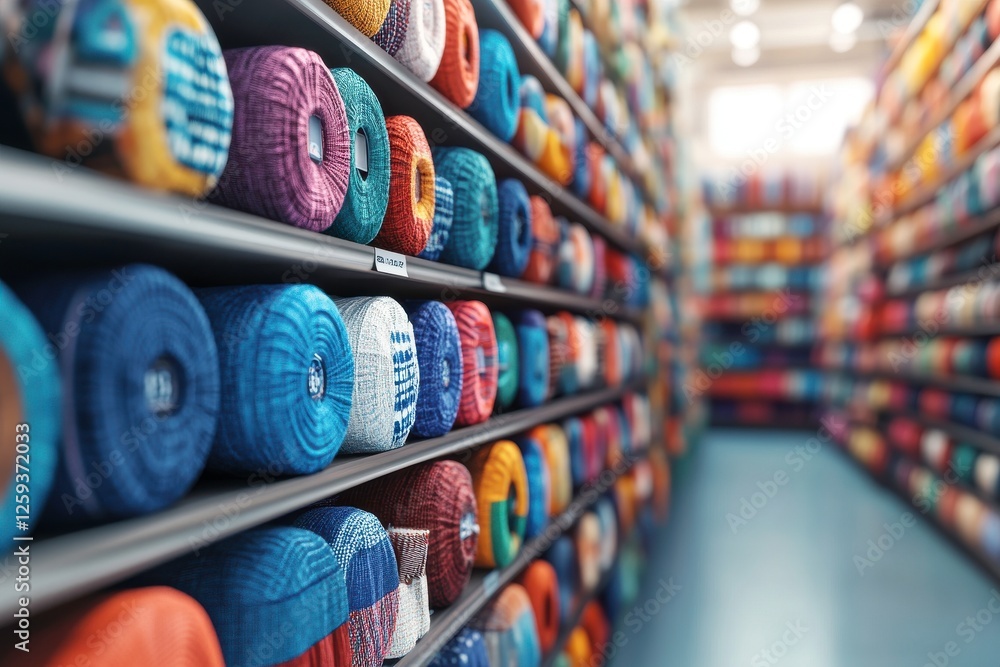 Poster a vibrant display of colorful yarn spools neatly arranged on shelves, creating an inviting atmospher