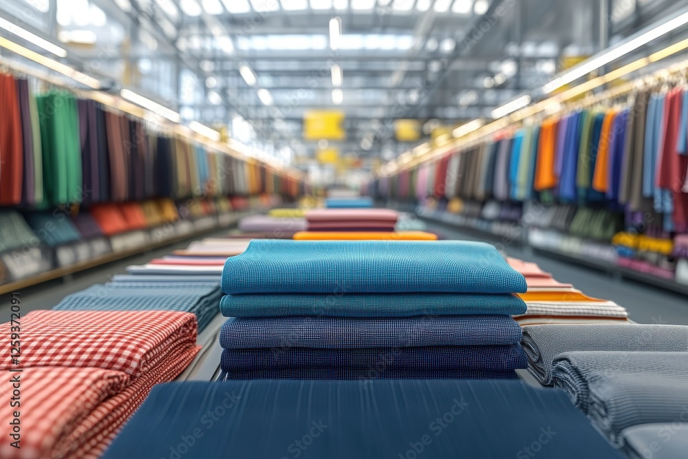 Poster a vibrant display of neatly stacked fabrics in a well-lit textile store, showcasing a variety of col