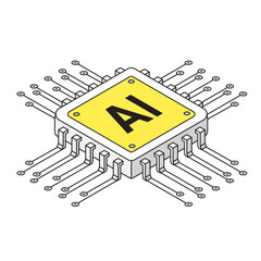 アイソメトリック AIチップのシンプルな線画イラスト