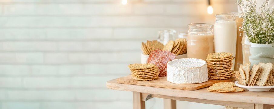 A trendy artisanal cheese cart serving charcuterie boards and gourmet crackers, set against a rustic backdrop with cozy lighting