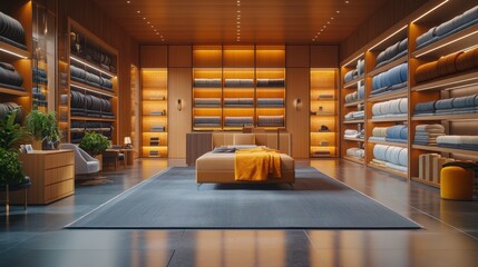 A modern, stylish bedroom featuring warm wood tones, neatly arranged shelves of linens, a cozy bed, and ambient lighting, creating a serene atmosphere.