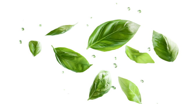 Basil Leaves in Flight: Green basil leaves dance gracefully in mid-air, captured in a captivating freeze-frame that evokes a sense of freshness, vitality, and culinary inspiration. 