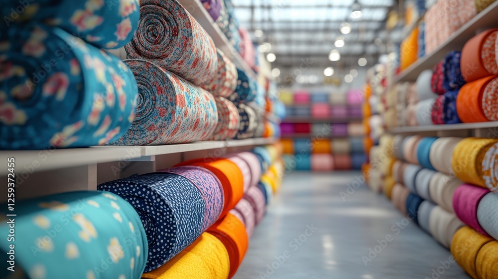 Aufkleber a vibrant display of colorful fabric rolls stacked on shelves in a well-lit store, creating a visual
