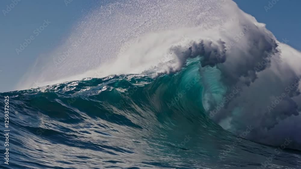 Poster dynamic video shot capturing a powerful ocean wave from a low angle, emphasizing the wave's curl and