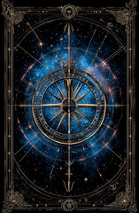 Obraz premium A gold and blue framed clock with a compass on it. The clock is surrounded by stars and the frame is gold