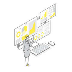 ウェブマーケティングをプレゼンするビジネスウーマンのアイソメトリックイラスト