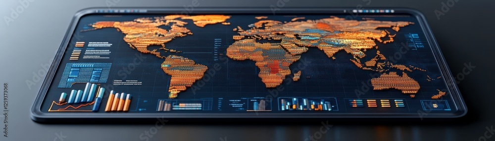 Poster a detailed digital map displays global data insights with vibrant colors and graphs, illustrating ge