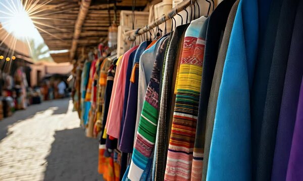 Colorful textiles hang at sunny market, shoppers browse
