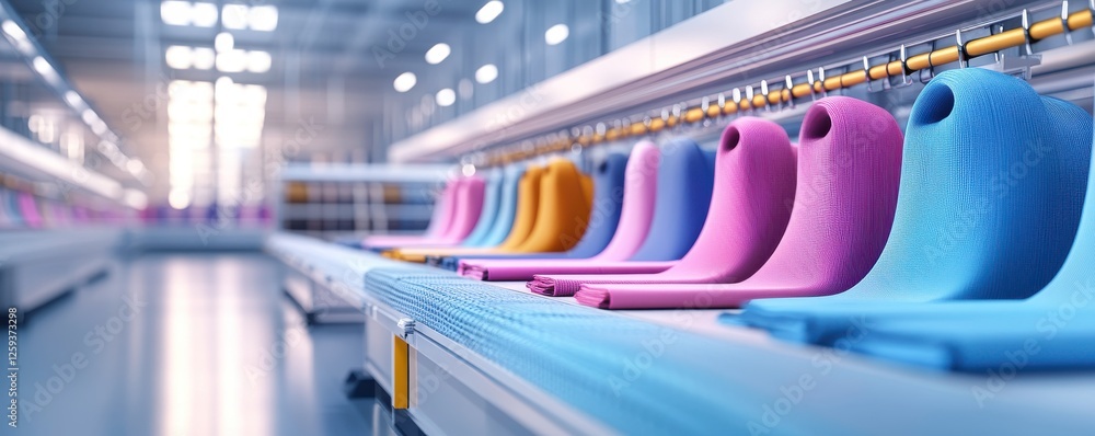 Poster a vibrant array of colorful mats neatly arranged in a modern facility, showcasing a clean and organi