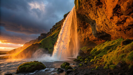 Fototapeta premium Majestic waterfall cascading over golden cliffs into azure waters, surrounded by lush greenery