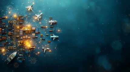 Air freight operations and global trade dynamics port city digital art aerial view transportation and logistics concepts