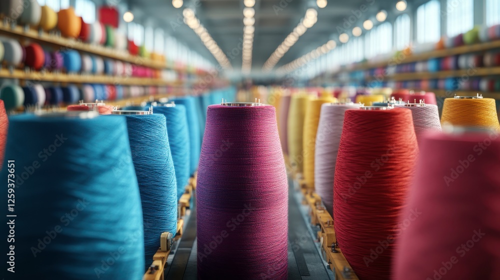 Poster a vibrant display of colorful spools of thread arranged neatly in a warehouse, showcasing a variety 