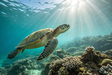 Naklejka premium graceful sea turtle glides through clear waters, surrounded by vibrant coral reefs