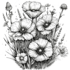 Fototapeta premium A drawing of a bunch of flowers with a black and white color scheme. The flowers are arranged in a way that they look like they are in a field