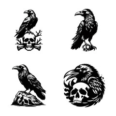 Obraz premium Raven skull silhouette black icon on white background