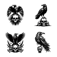 Fototapeta premium Raven skull silhouette black icon on white background