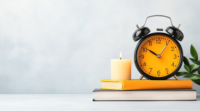 A vibrant yellow alarm clock sits atop stacked books beside a lit candle and green leaves, creating a serene study scene