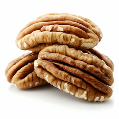 Three pecan halves, close-up, white background, food photography, ingredient
