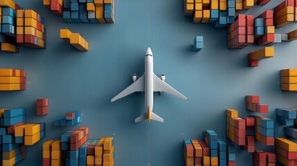 Airplane surrounded by colorful shipping containers warehouse facility aerial view industrial environment logistics and trade dynamics